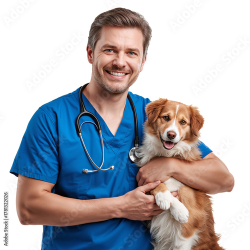 Veterinarian Holds Happy Dog in Clinic, Promoting Pet Care and Health Awareness