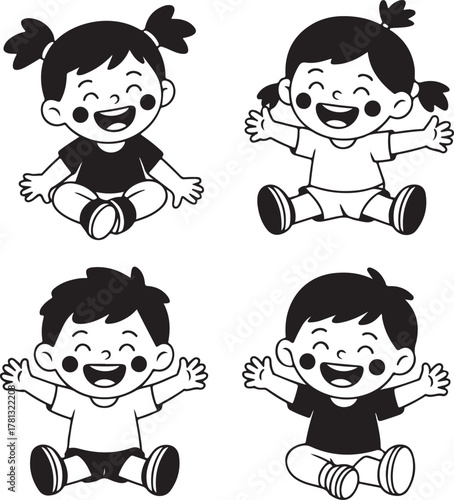 Happy cartoon children sitting and smiling