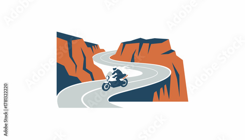A winding highway carved through rugged cliffs with a lone motorcyclist cruising along wind whipping through their hair.