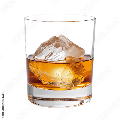 Whiskey on the Rocks Served in a Clear Glass With Ice Cubes During an Evening...