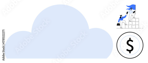 Large cloud shape symbolizes digital platforms, team collaborates on financial success, and dollar sign emphasizes profitability. Ideal for teamwork, finance, innovation, growth, cloud, technology