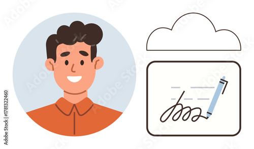 Smiling man portrait next to digital signature and cloud icon. Ideal for identity, technology, e-signature, online agreement, remote work, cloud-based storage, simple flat metaphor