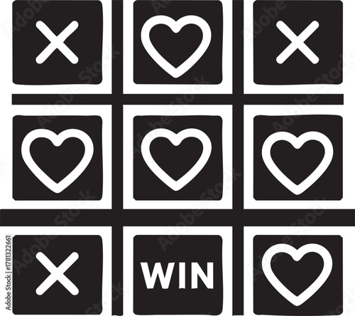 Tictactoe game board with hearts and crosses, showing a win for hearts and the word win in the center square