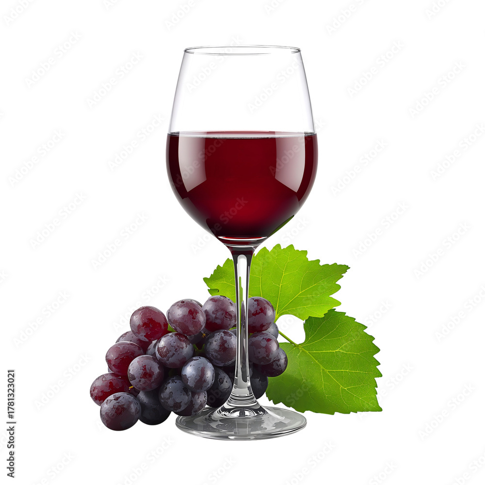 Naklejka premium Red Wine Glass With Fresh Grapes and Green Leaves on a White Background