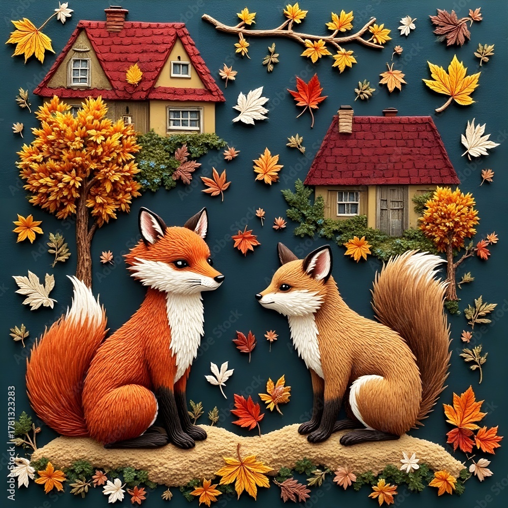Fototapeta premium An autumn-themed embroidery with a fox, squirrel, trees, autumn leaves and small houses.