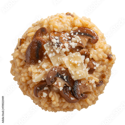 Creamy Mushroom Risotto Served in a White Bowl With Fresh Herbs on Top.