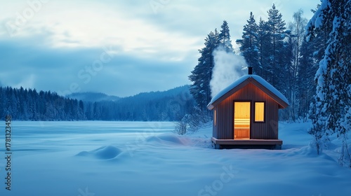 Winter forest and wooden Finnish sauna by a frozen lake. Smoke from the chimney, warm light from the window, blue twilight, snowdrifts and pine trees.