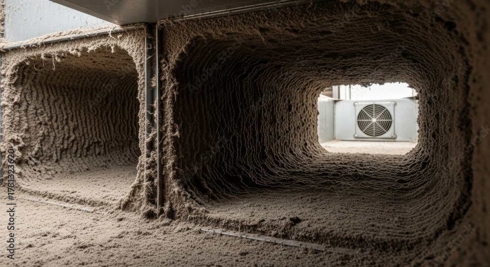 Fototapeta premium View inside extremely dirty hvac ductwork heavily clogged with lint and thick dust leading to an outdoor air conditioning unit.