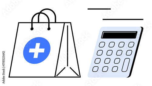Shopping bag with medical cross alongside a calculator signifies healthcare expenses, budgeting, and planning. Ideal for healthcare, budgeting, pharmacy, retail, financial planning, cost analysis
