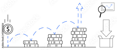 Stacked coins increase in height with an arrow showing growth, magnifying glass over a chart, and an open box receiving profits. Ideal for finance, investment, income growth, revenue analysis, profit