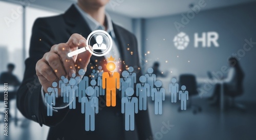 Business person finding the best candidate using a magnifying glass, illustrating recruitment, hr management, and talent acquisition strategy.