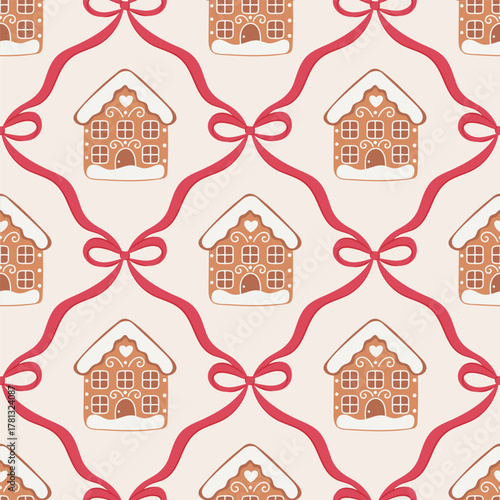 Seamless pattern with gingerbread houses and red bows on beige background