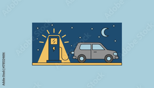 A nighttime view of a charging station with ambient lighting creating a welcoming atmosphere as an electric vehicle charges under a starry sky.