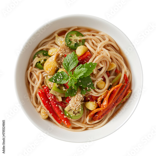 Fresh Vegetable Noodle Salad With Herbs and Sesame in a White Bowl