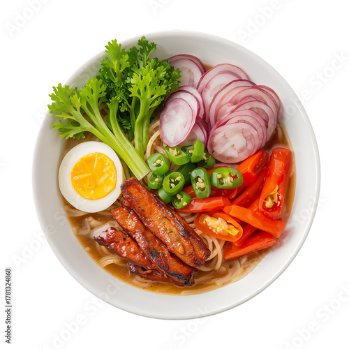 Fresh Vegetable Noodle Salad With Herbs and Sesame in a White Bowl.
