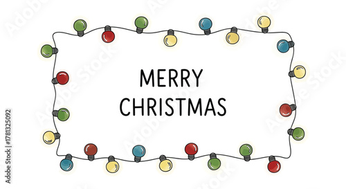 Hand drawn merry christmas greeting card with colorful string lights border on white background