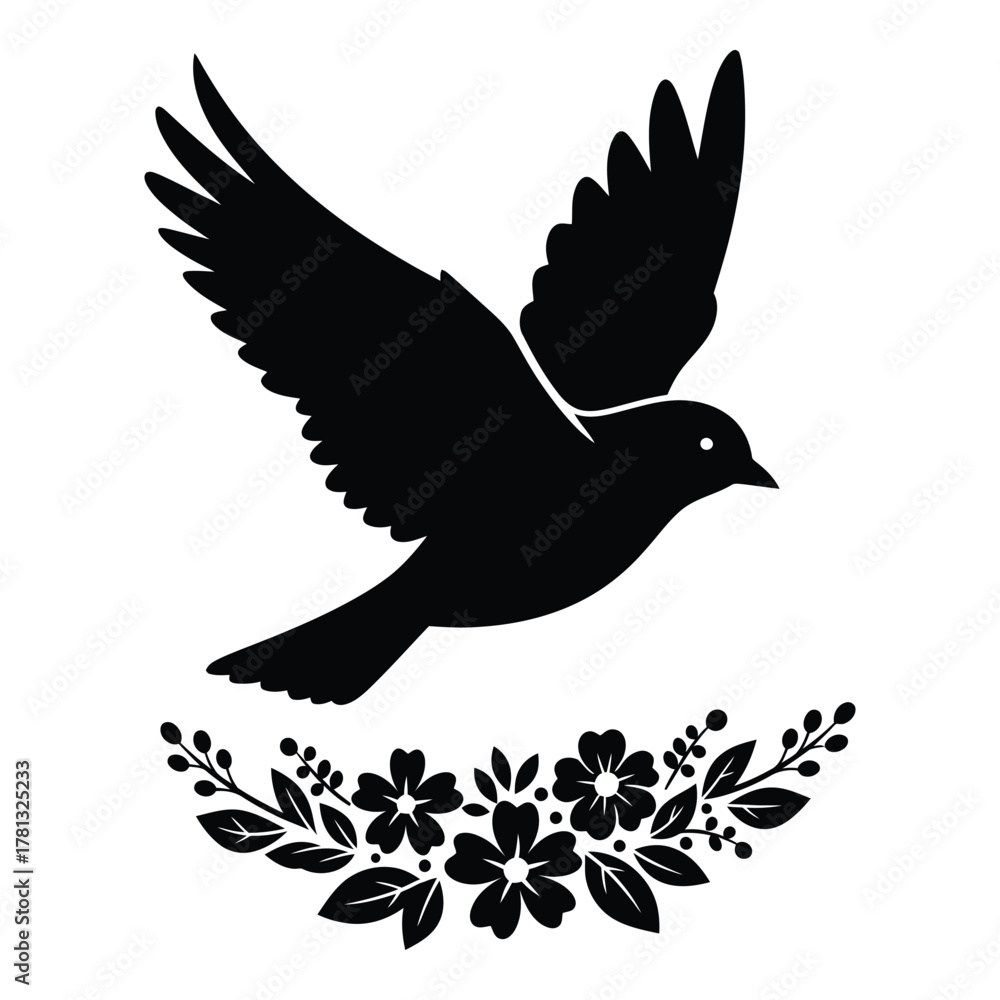 Obraz premium Elegant bird silhouette illustration with floral decoration on a white background