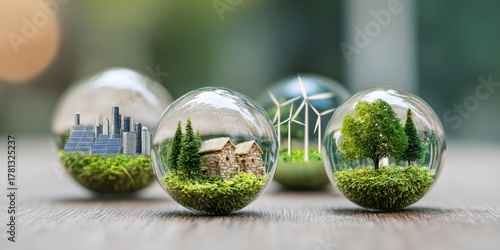 Four glass balls with different designs, one of which has a house and a tree