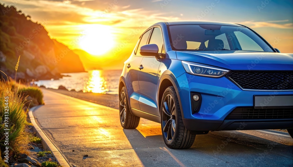 Naklejka premium Blue SUV on a scenic coastal road with a golden sunset over the ocean