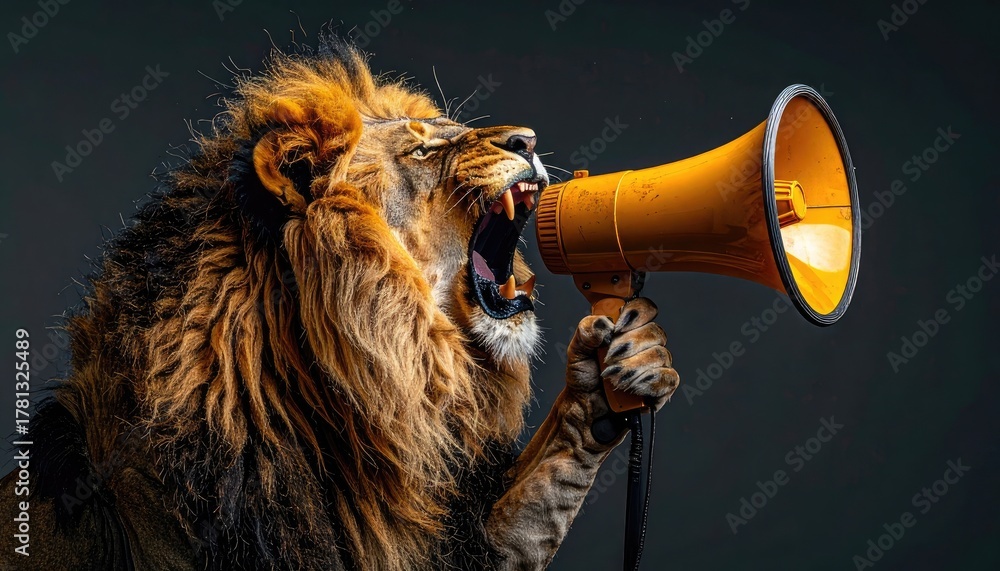 Fototapeta premium A powerful lion with a thick mane roars fiercely into a bright yellow megaphone