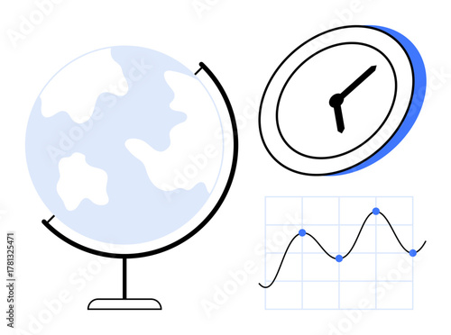 Globe symbolizes the world, clock indicates time management, and graph represents data analysis. Ideal for global strategy, productivity, planning, analytics, research, education simple flat