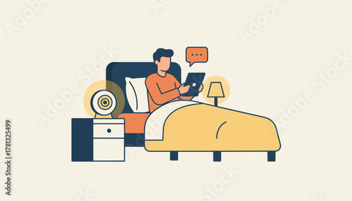 A person in bed asking a voice assistant to read them a bedtime story illuminated softly by bedside lamps.