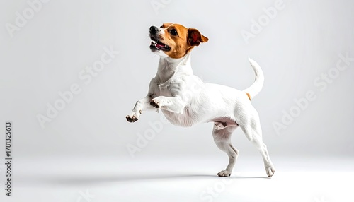 A small, white and brown dog joyfully jumping against a plain white background