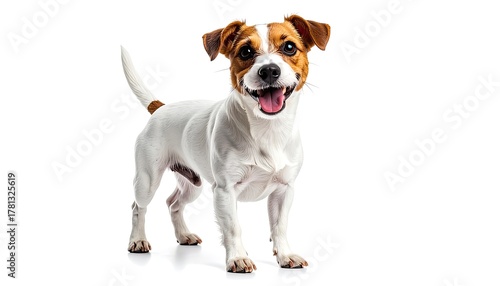 A happy, small brown and white terrier dog stands smiling on a white background