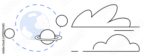 Earth with orbiting planets and rings, abstract cloud elements in line art. Ideal for space, astronomy, environment, exploration, education, scientific weather concepts. Minimal flat metaphor