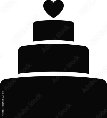 Simple silhouette of a three tier wedding cake with heart topper