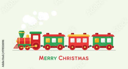 Festive christmas train with colorful carriages and steam blowing across a light green background with text