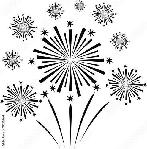 Black and white illustration of a festive firework display exploding in the night sky