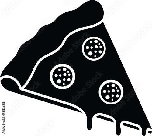 Stylized silhouette of a pepperoni pizza slice with dripping cheese
