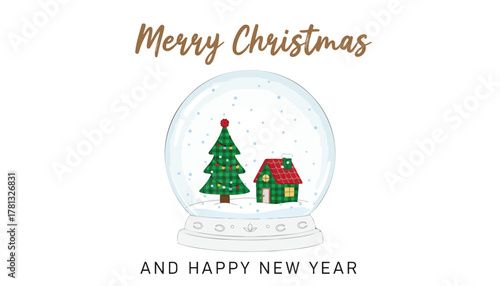 Whimsical snow globe featuring a decorated christmas tree and cozy house with merry christmas and happy new year text