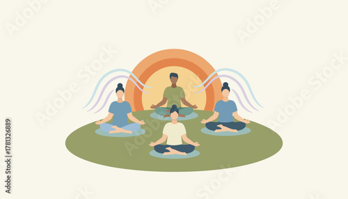 An outdoor yoga session taking place in the early morning with calming music in the background and attendees in peaceful meditation.