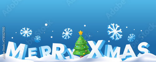 Festive winter illustration with "Merry Xmas" text, decorated Christmas tree, snowflakes, and snowy landscape on blue background. Design element for banner, greeting card, header, backdrop
