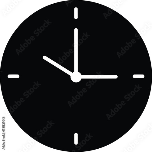 Simple black clock face with white hands indicating time