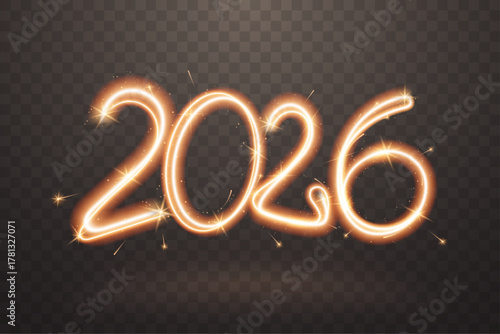 2026 sparkler number. Firework trail with glow flare effect isolated on transparent background. Sparkling New Year sign in freeze light style. Ideal for banner, flyer, poster. Vector illustration