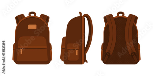 Brown backpack in front, side, and back views. Back to school, education, travel, and urban lifestyle bag concept. Flat vector illustration isolated on white background