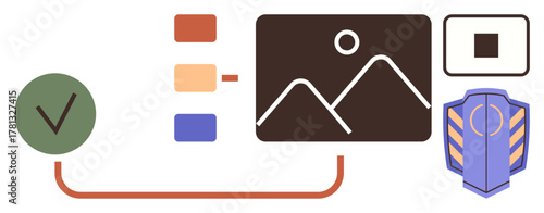 Checkmark, color hierarchy, image frame, and security badge interconnected by lines. Ideal for workflow, process, organization, security verification task management project planning. Simple flat