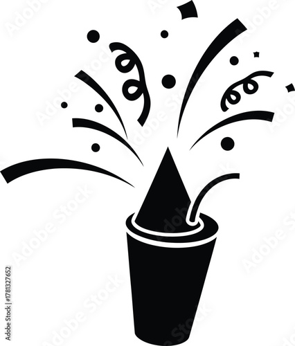 Black silhouette of a party popper exploding with confetti and streamers