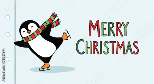 Cute cartoon penguin ice skating wearing a festive scarf with merry christmas text