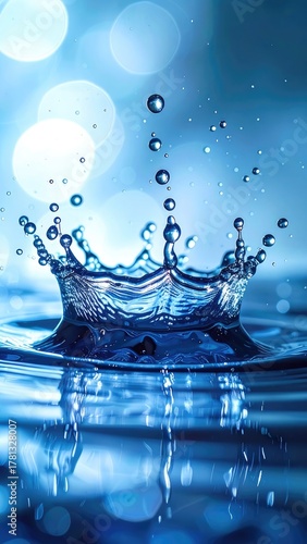 Wallpaper Mural A water drop creates a crown-shaped splash with a sparkling blue bokeh background Torontodigital.ca