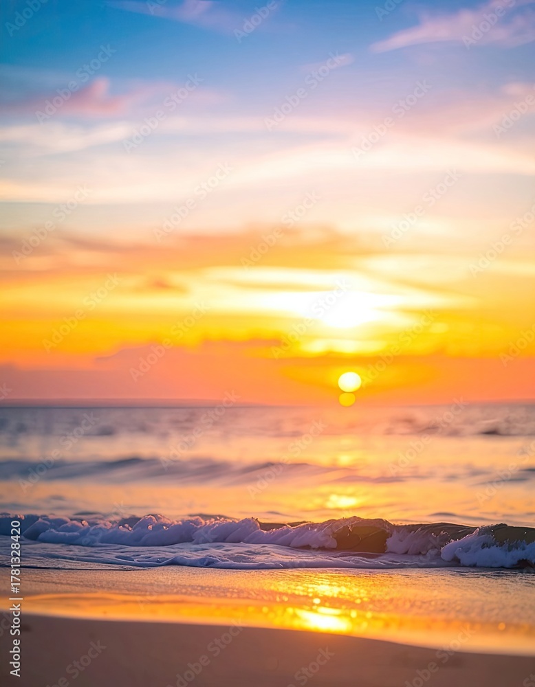 Naklejka premium Vibrant sunset over the ocean with gentle waves washing ashore on a sandy beach