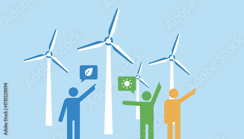 A group of people gathered for a community event at a wind farm pointing at the turbines and discussing the benefits of wind energy.