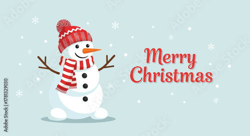 Cute cartoon snowman wearing a red hat and striped scarf with merry christmas text and snowflakes