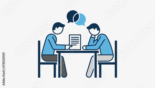 A performance review meeting taking place in a private office with a manager and an employee discussing goals and feedback over a document.