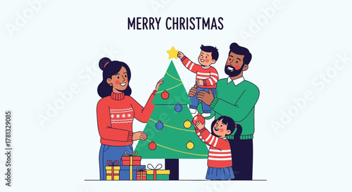 Happy diverse family decorating a christmas tree together with gifts and a merry christmas message