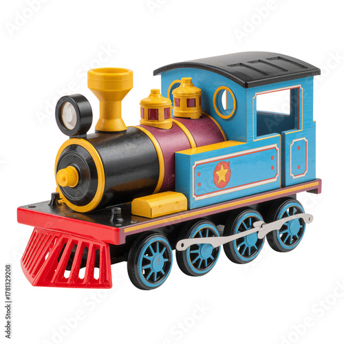 Colorful Toy Steam Engine With Red Accessories and Detailed Design for Childr...