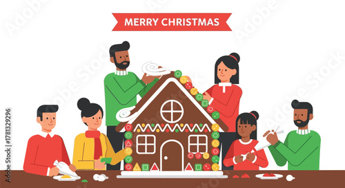 Diverse family happily decorating a gingerbread house together for a joyful merry christmas celebration